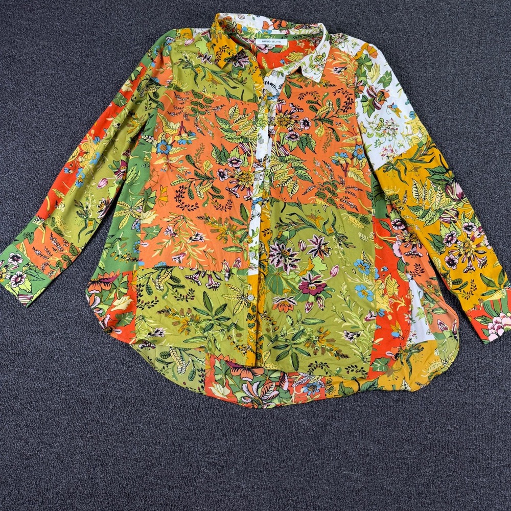 Rose + Olive Top Womens Large Floral Patchwork Multicolor Button Down EUC